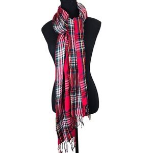 Rayon Plaid Scarf Red Green White Multi Color Fringed Tartan‎ Winter Outdoors